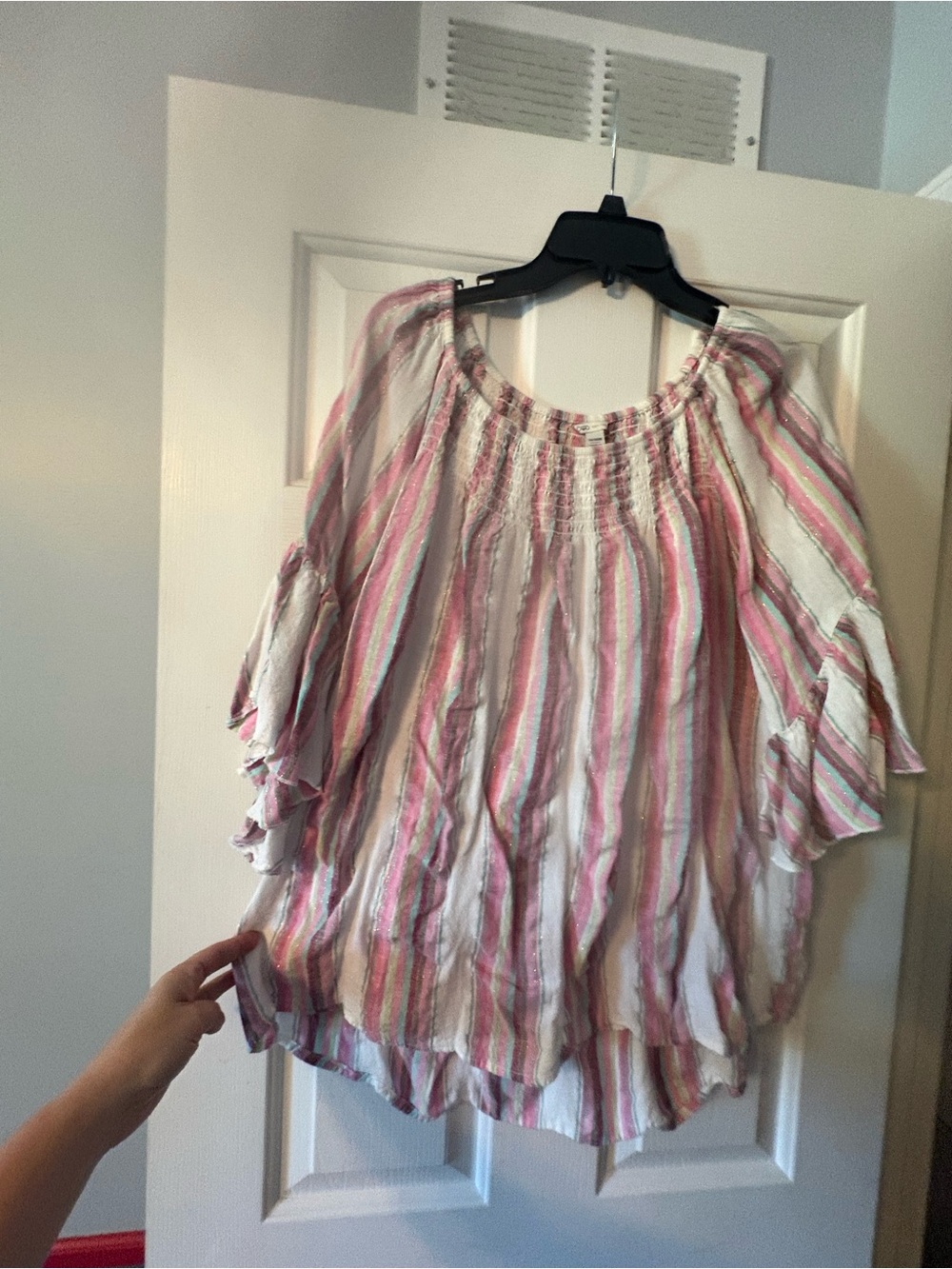 Lightweight Pink Stripe Off-Shoulder Peasant Top 14/16